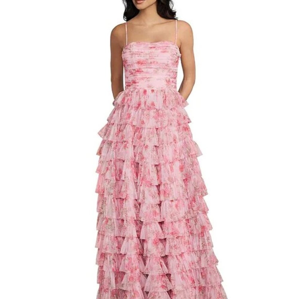 Juniors B. Darlin Pink Floral Printed Mesh Ruffle Tiered Long Dress Size 1